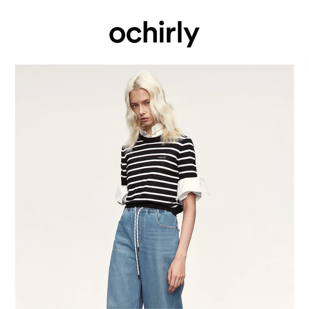 【可机洗澳大利亚100%羊毛】ochirly欧时力条纹短袖针织毛衣25夏