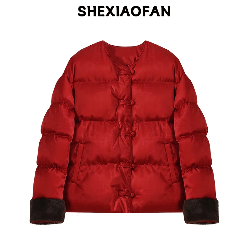 2025秋季新款时尚气质新年百搭保暖高级感红色国风棉服休闲外套女