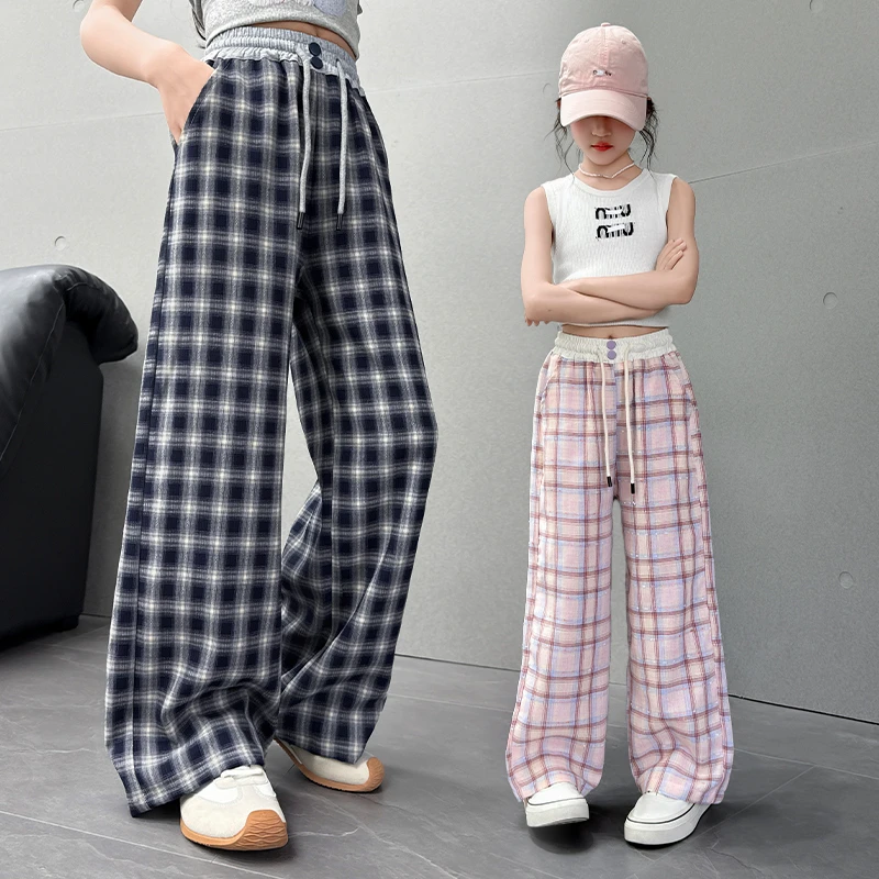 女童裤子夏季2025新款6-12岁洋气夏装直筒裤女孩格子裤大童休闲裤