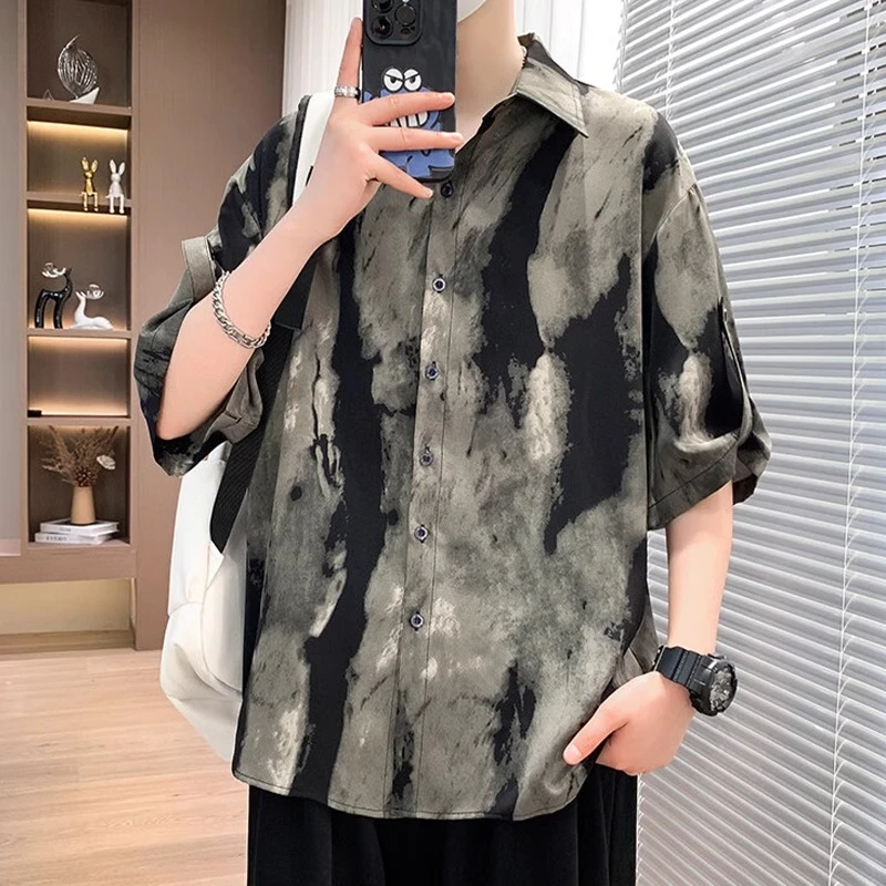 短袖衬衫男夏季2025新款扎染薄款上衣服凉感寸衣男痞帅宽松衬衣男