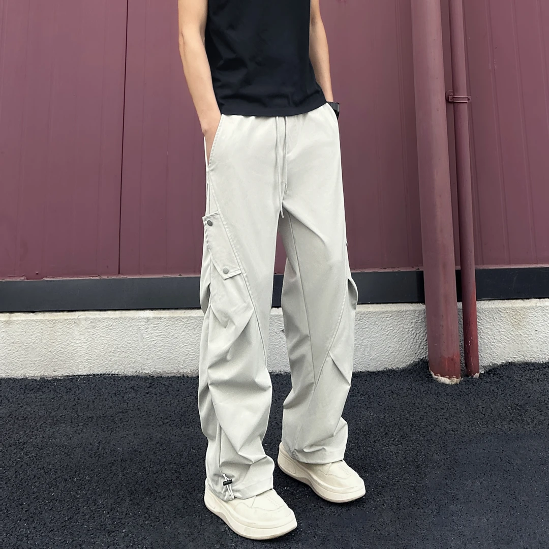 QUALCOMM美式潮牌褶皱伞兵工装裤男秋冬季垂感宽松直筒休闲裤子