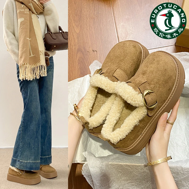 欧伦啄木鸟厚底勃肯雪地靴女一脚蹬加绒保暖棉鞋女新款冬季毛毛鞋
