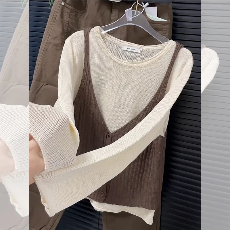 韩版时尚假两件圆领长袖针织衫女2026秋季新款设计感小众棕色上衣