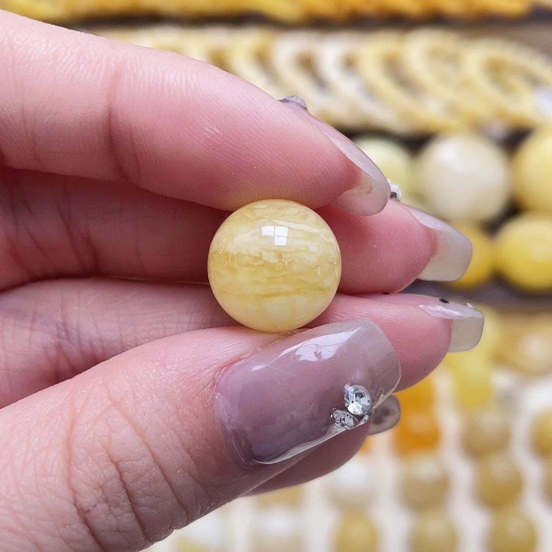 琥珀未镶嵌裸石13.3mm虎皮圆珠瑕
