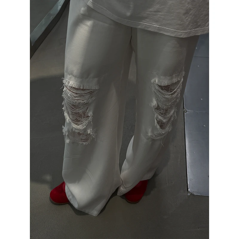 铅笔小鑫大码女装 破洞蕾丝拼接 直筒阔腿牛仔裤