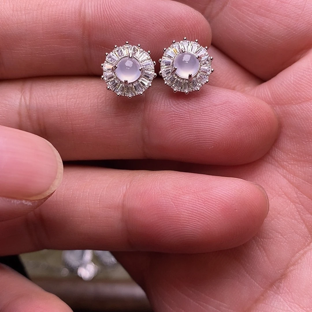 翡翠银S925镶嵌耳饰蛋面耳钉