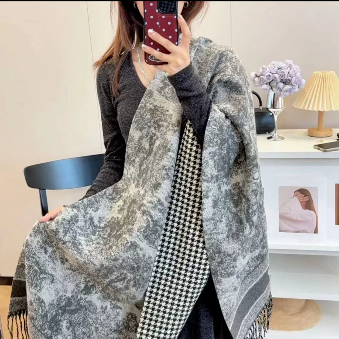 6色/高端双面复古水墨千鸟格加厚秋冬保暖羊绒围巾
