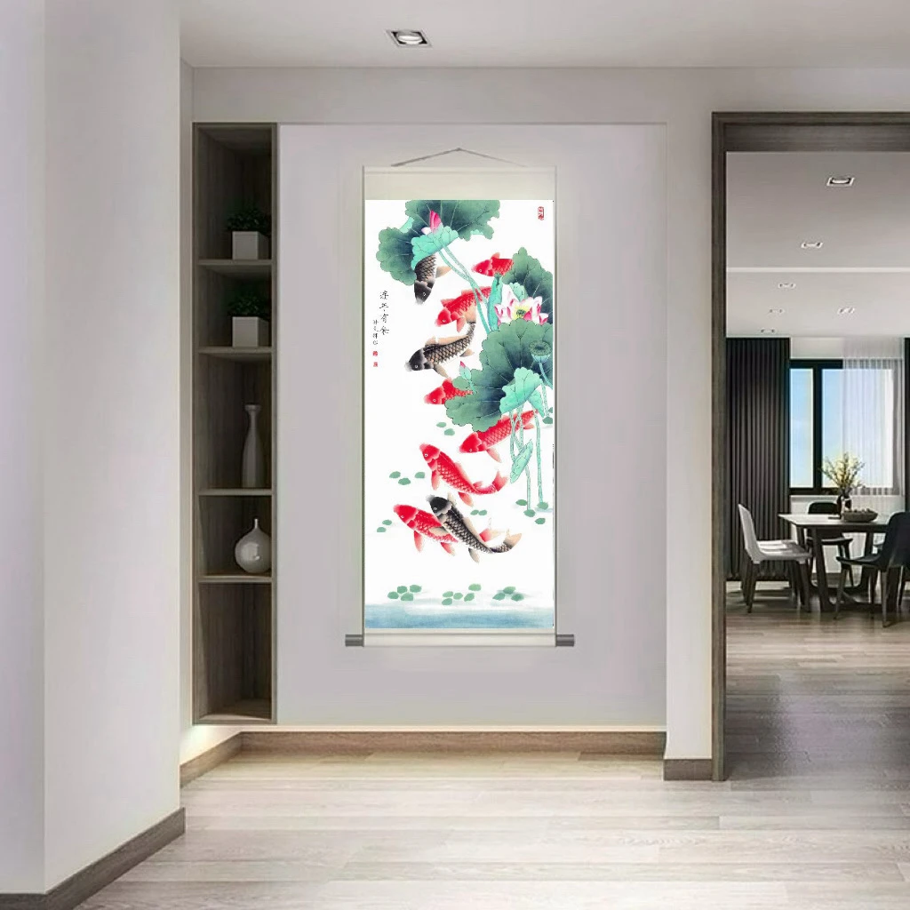 《九鱼图》180*72竖幅连年有鱼玄关餐厅走廊书房茶室新中式挂画