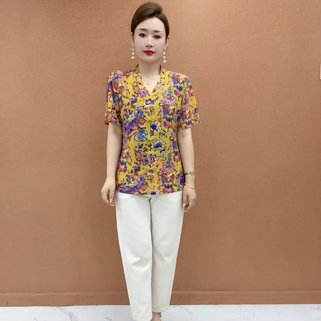 夏季新款国风中老年短袖V领上衣春夏时尚新中式妈妈装休闲风T恤
