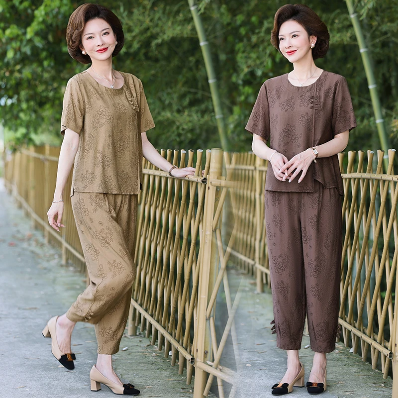 妈妈装时尚大码套装夏季中老年印花短袖套头透气国风减龄显瘦女装