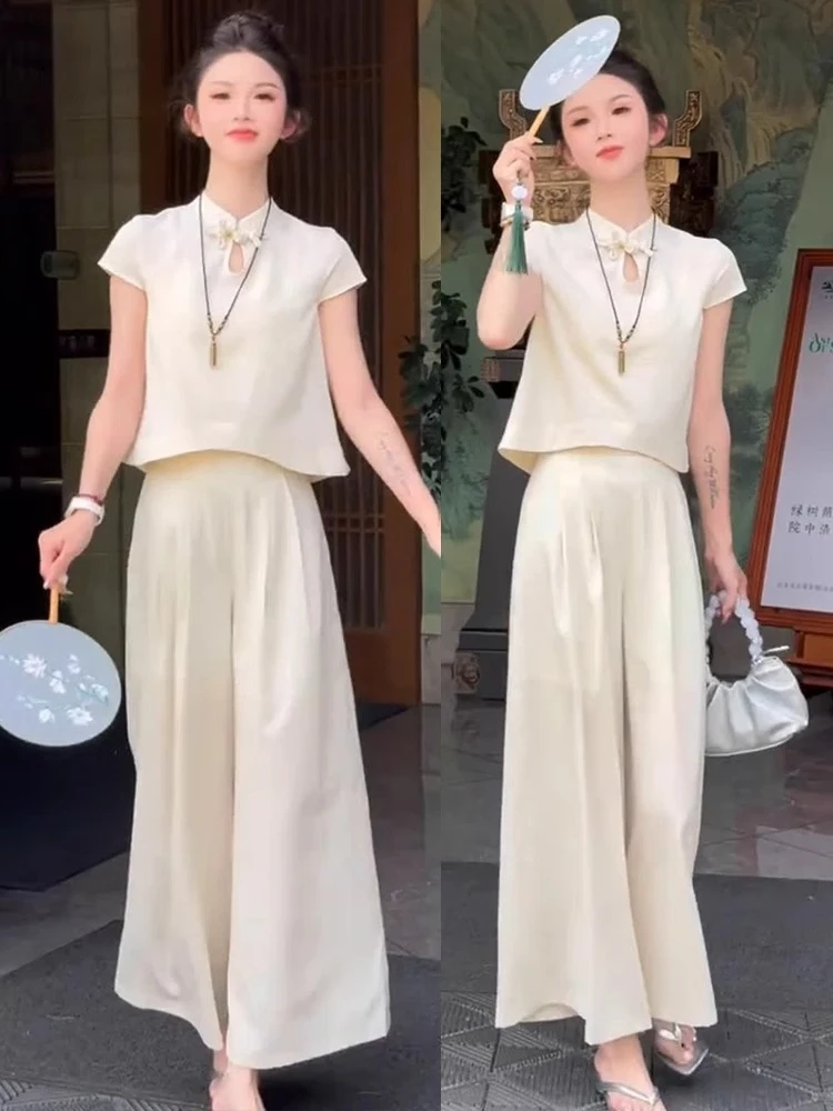 新中式国风盘扣立领短袖上衣阔腿裤两件套女夏季新款气质时尚套装