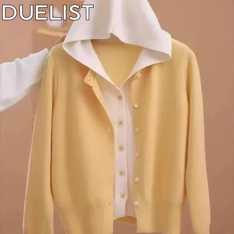 DUELIST连帽假两件针织衫女新款毛衣开衫设计感显瘦长袖上衣时尚