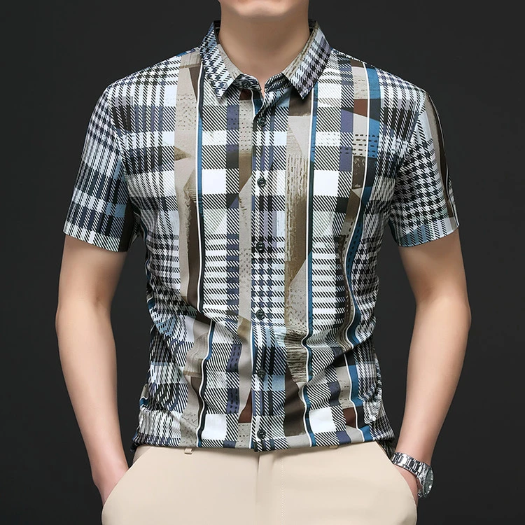 鄂尔多斯市产韩版帅气男士极简风短袖条纹衬衫夏季男衬衣印花时尚