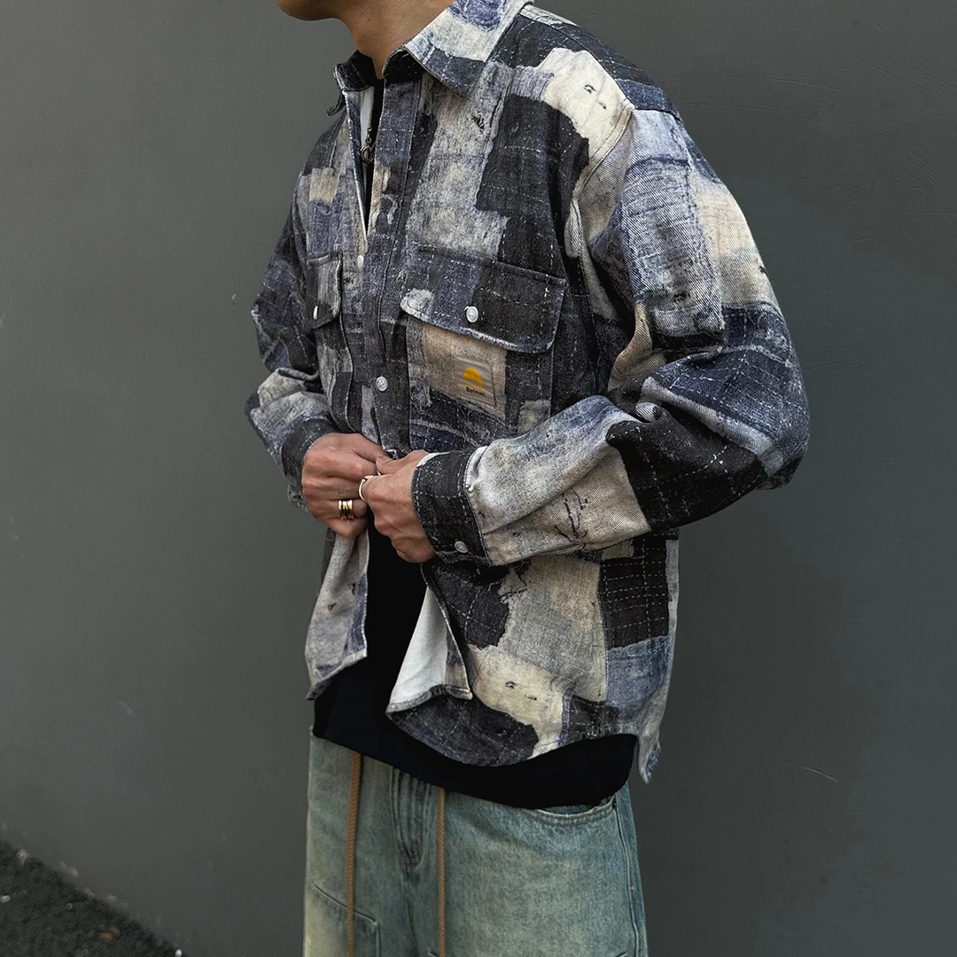 【UNAPS】秋季美式复古做旧设计感拼接衬衫外套男女长袖衬衣休闲潮