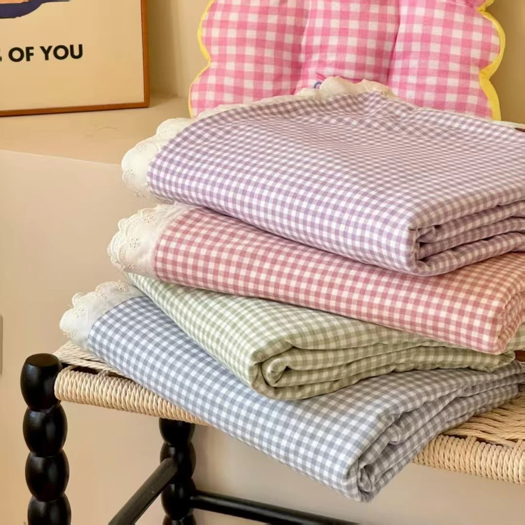 慧人小轩 有氧针织棉格子花边床盖四件套