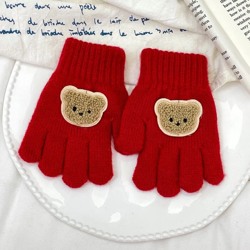 韩版冬季新款儿童五指小熊毛线针织手套保暖防寒分指男孩女童手套