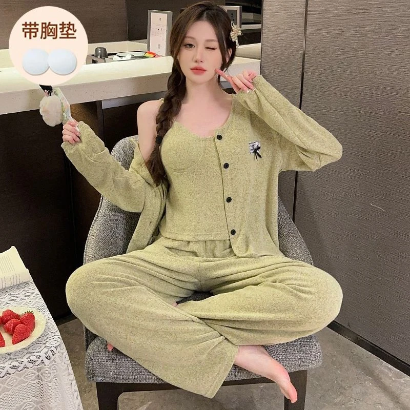 【带胸垫】春秋新款睡衣女甜美简约休闲三件套套装家居服- C595
