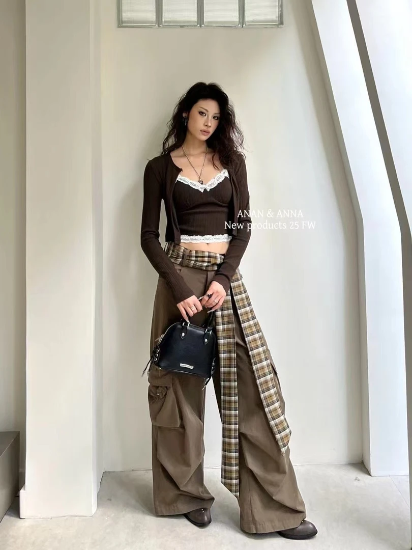 20-49号     秋冬复古无弹气质高腰针织格子条纹休闲裤工装裤拼接