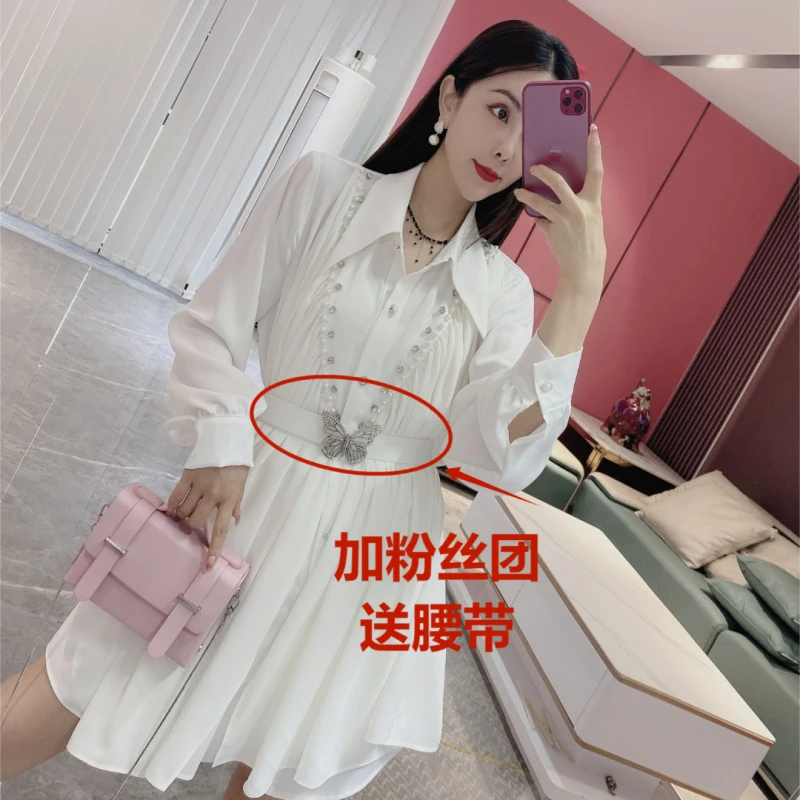 【橦颜推荐】小众设计重工拼纱钉钻气质衬衫裙(YDS)9500