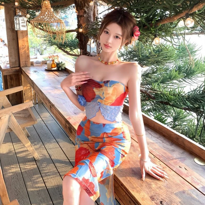 比基尼纯欲风碎花泳衣女高级感保守三件套长裙泳装遮肉显瘦泡温泉