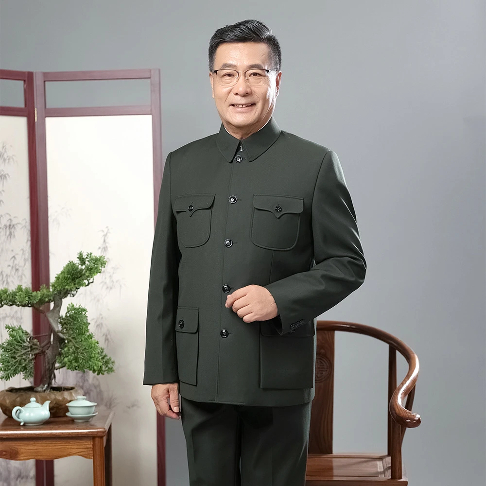 中老年男士军绿色中山装民族服装演出唐装中山服爸爸中国风军干服