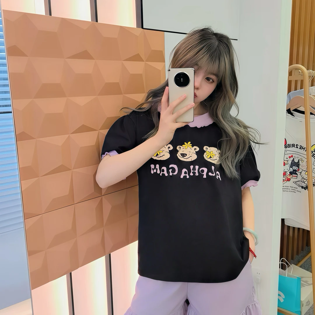 小个子 25夏季韩代减龄花朵可爱小熊拼色花边圆领短袖T恤