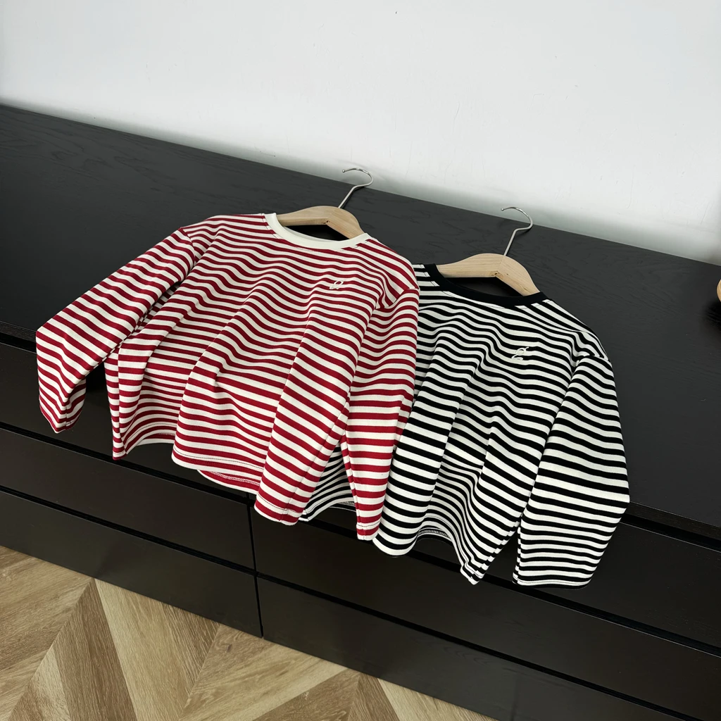 圆领条纹T恤棉中大男童女童休闲打底衫25春季新款小衫020202