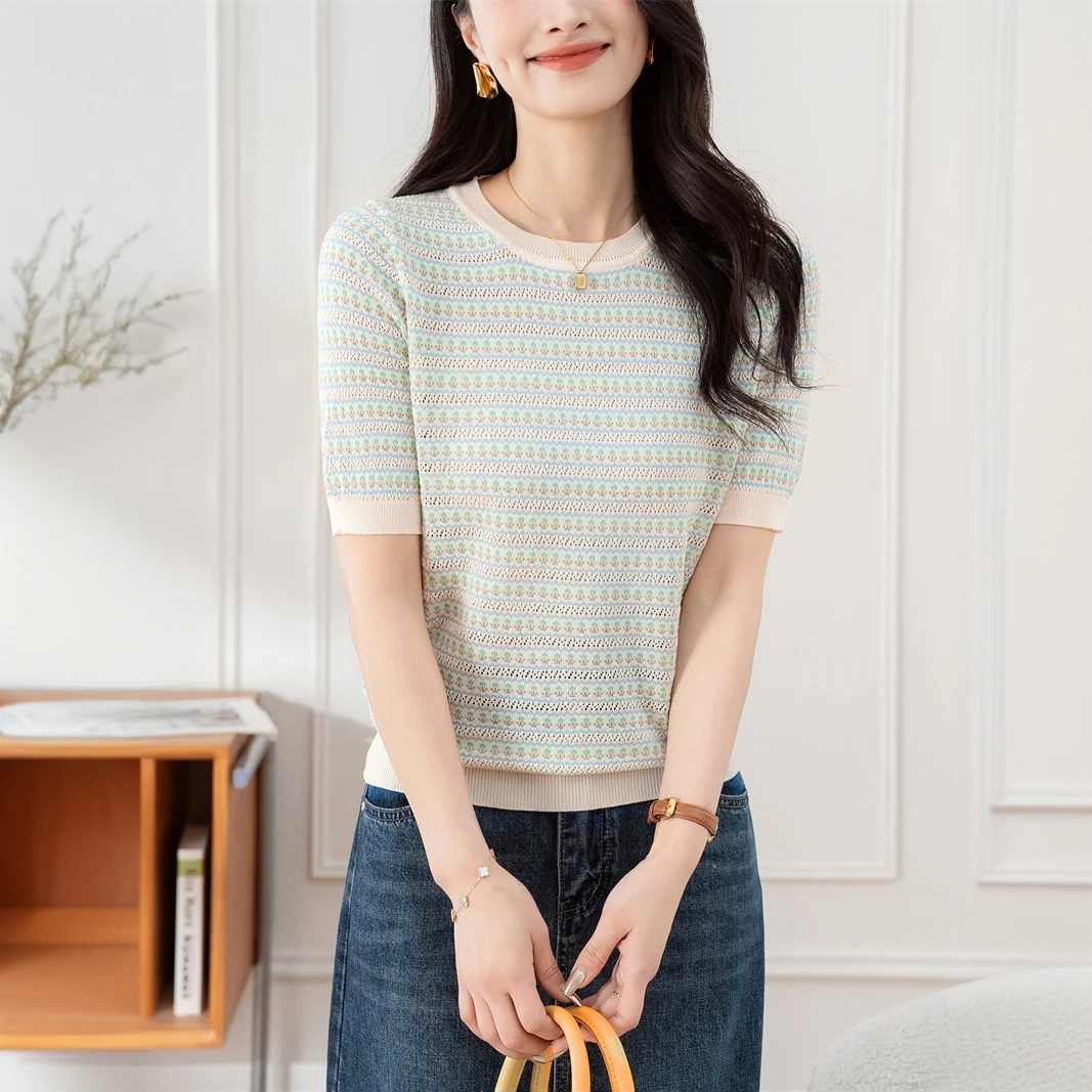 法式女毛针织衫女装针织短袖镂空圆领撞色短袖时尚上衣