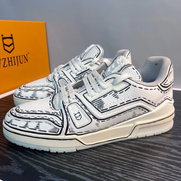 低帮手绘印花板鞋白鞋潮鞋运动鞋手绘男士男生时黑白镭射鞋子