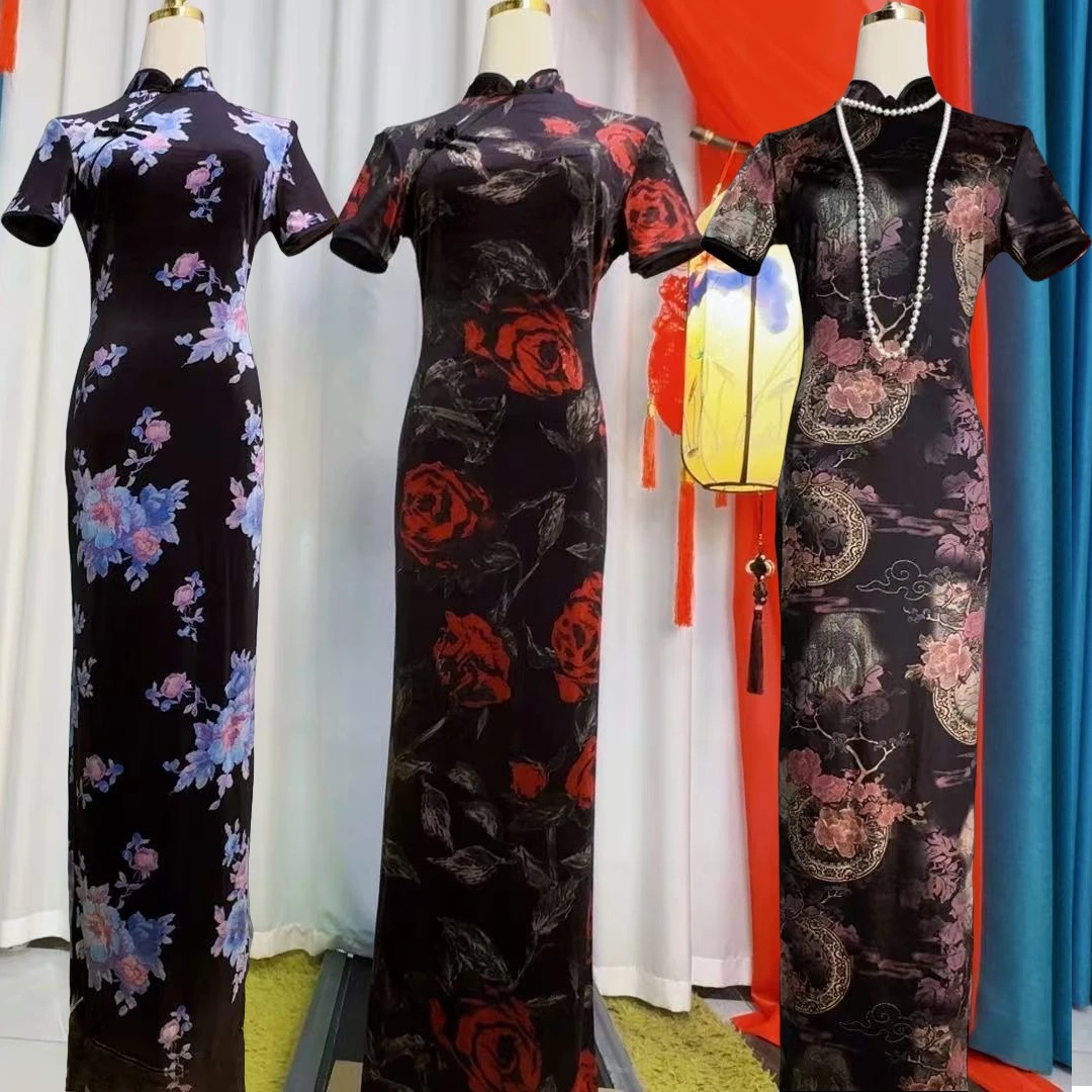 2025新款气质七分袖时尚日常弹力旗袍复古春季妈妈长款优雅连衣裙