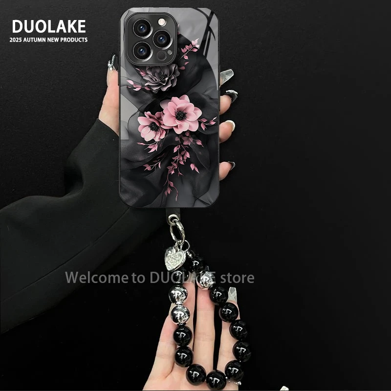 黑纱粉花适用苹果vivo华为oppo小米iPhone17电镀玻璃防摔手机壳潮