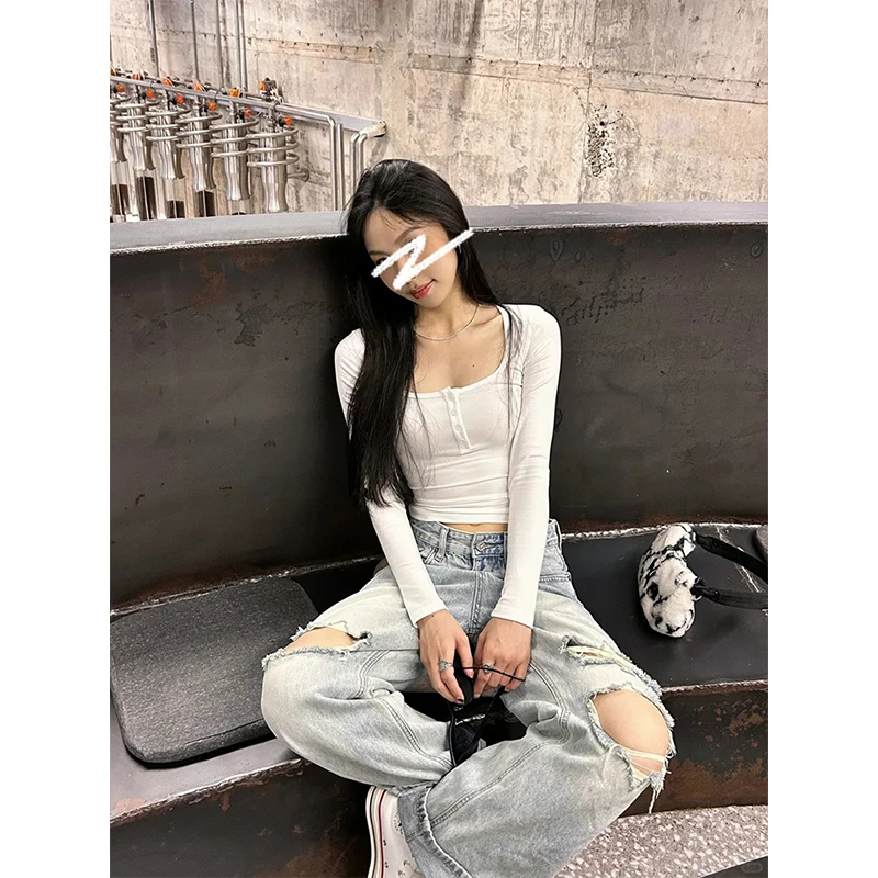 方领长袖T恤欧美ins性感辣妹纽扣打底衫上衣