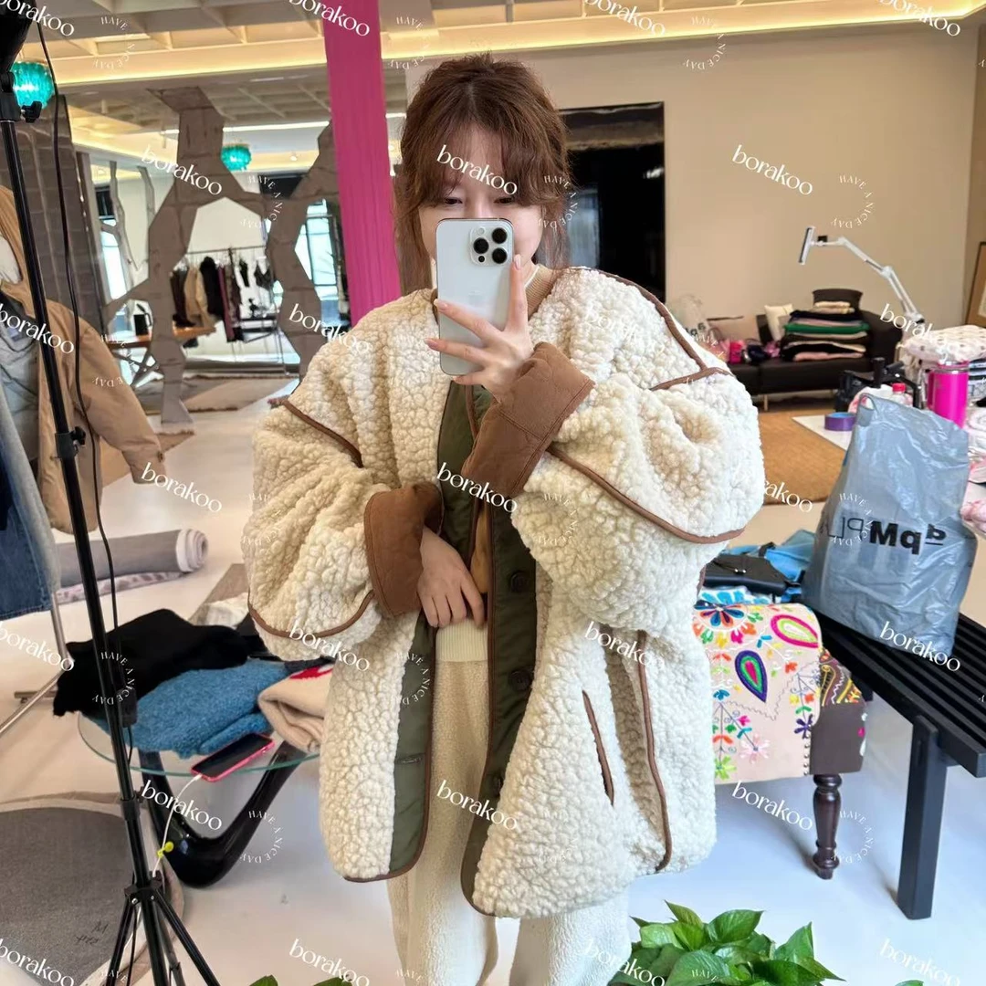 韩国【BORAKOO】东大门代购羊羔~毛拼接棉衣外套