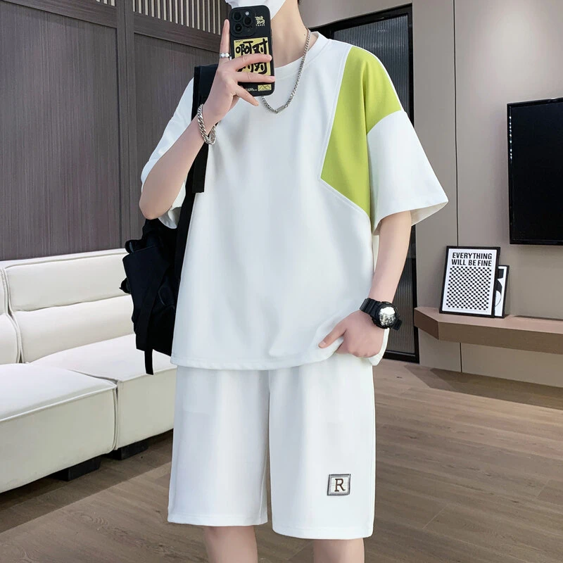 夏季青少年休闲运动服T拼色半袖t恤男一套搭配圆领短袖短裤套装男