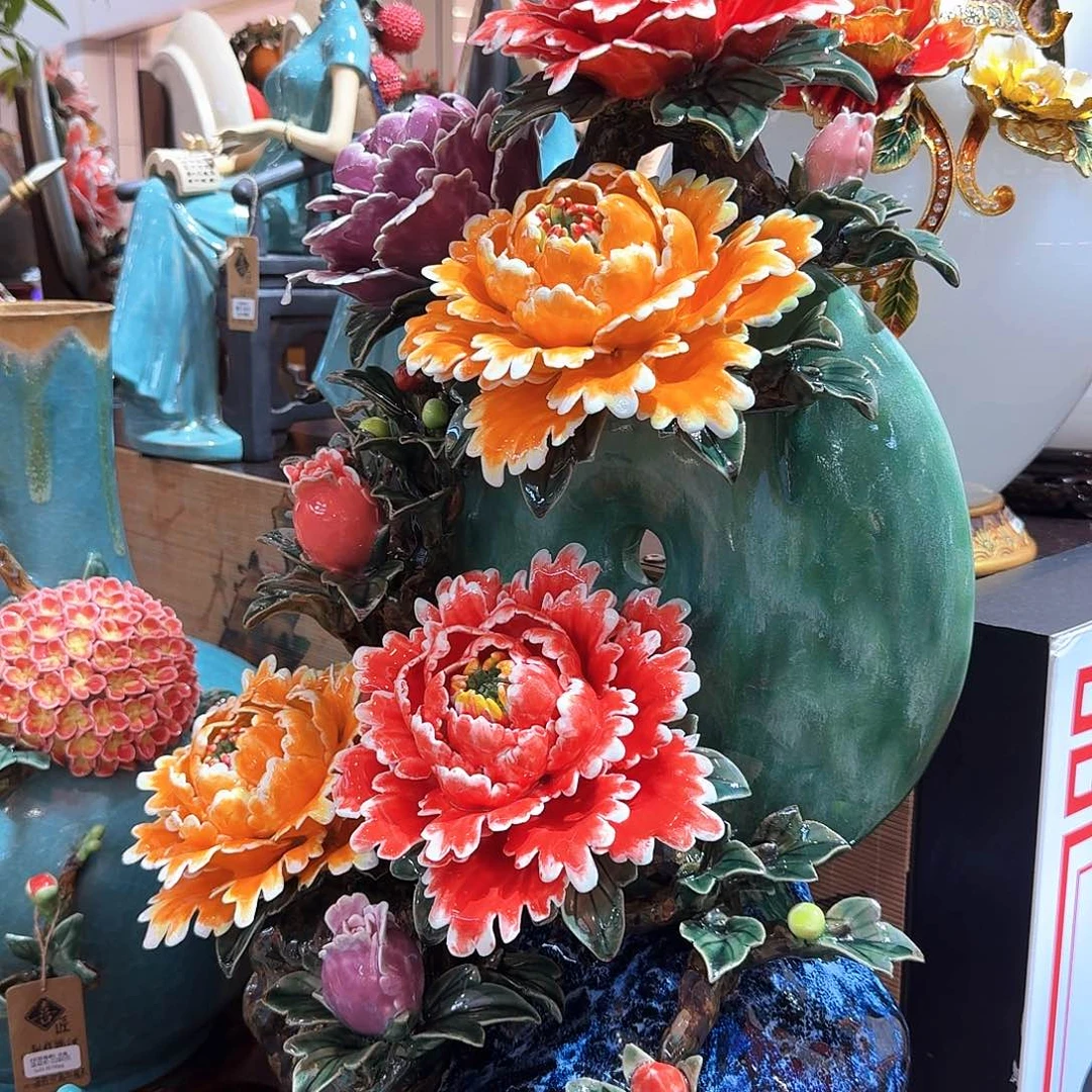 秋***车陶瓷66高度牡丹花精品