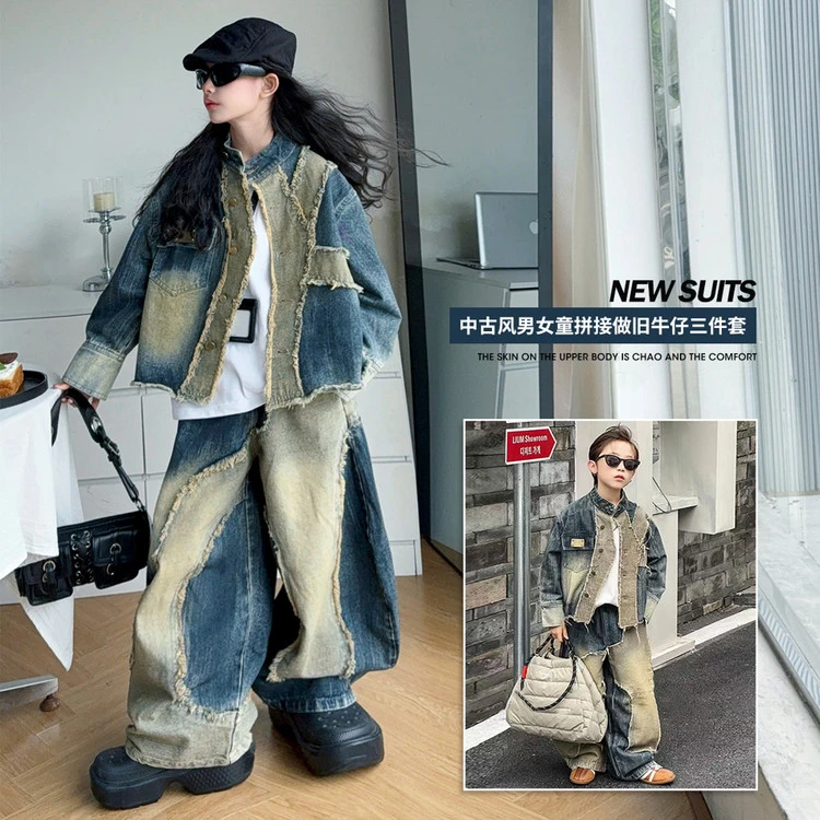 女童春装套装2025新款女孩春秋潮酷炸街做旧牛仔外套弯刀裤两件套