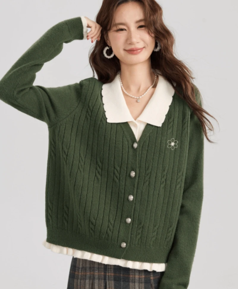 【大码清仓】269秋冬绿色毛衣开衫女大码小香风上衣假两件针织衫