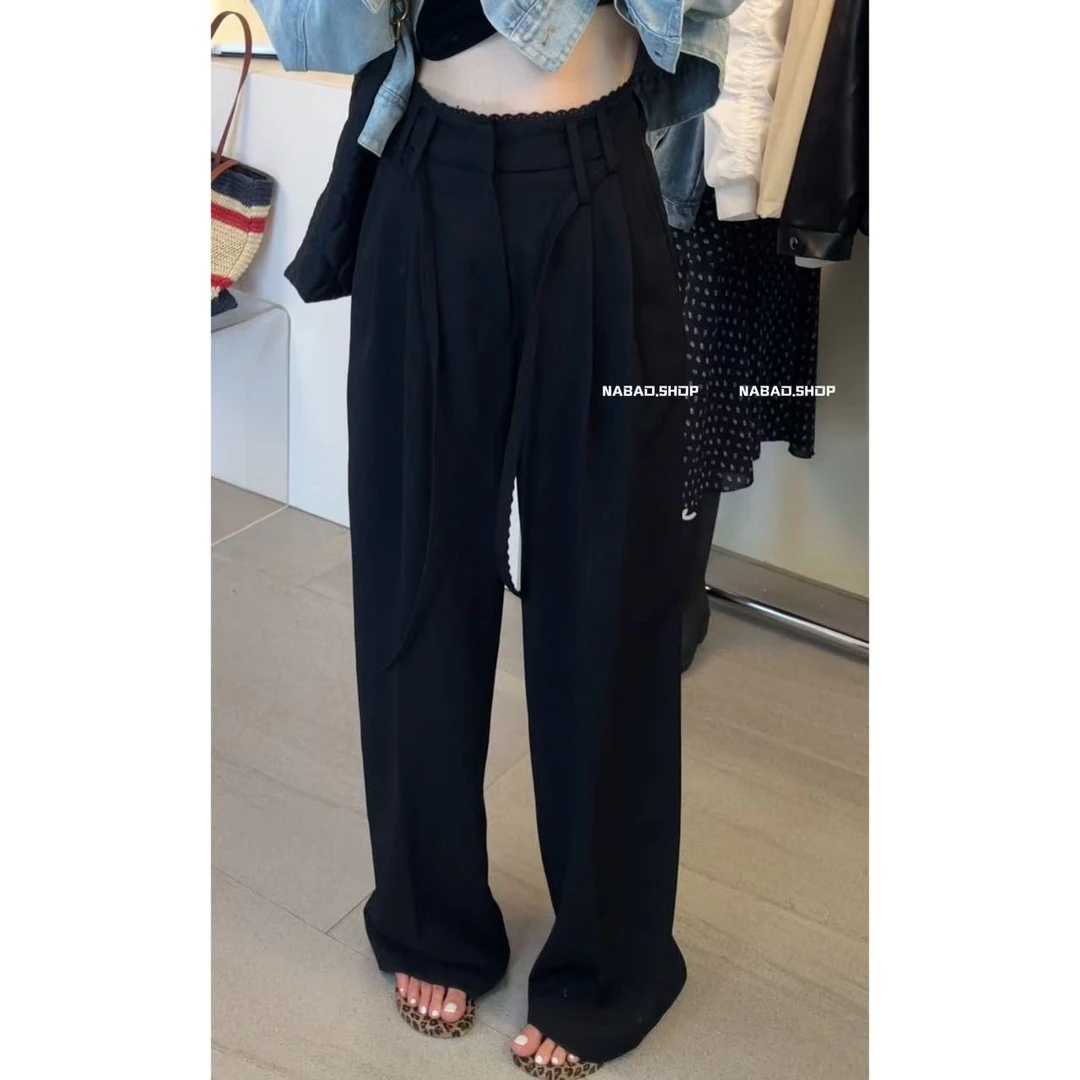 NABAO▶【蕾丝边可系带显瘦高腰西装裤】