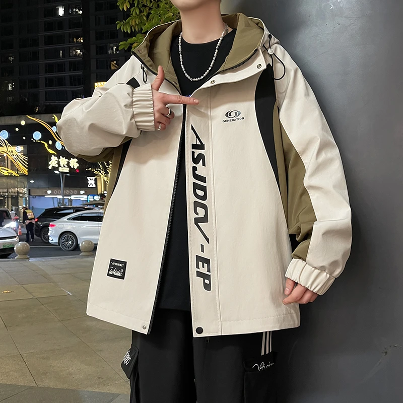 青少年大童夹克男连帽春秋季新款学生百搭宽松休闲工装冲锋衣外套