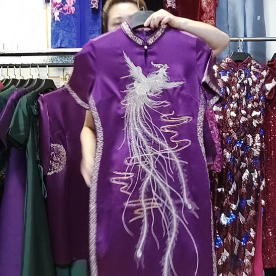 燕***格紫色凤凰醋酸长款旗袍l码肩宽38