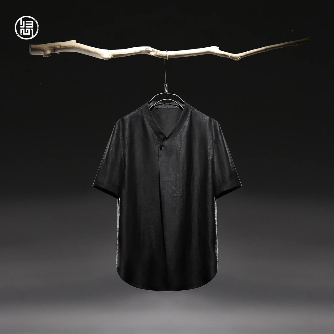 归心国风男装 夏季男士100%桑蚕丝香云纱缎 汉式V领玛瑙圆珠扣T恤