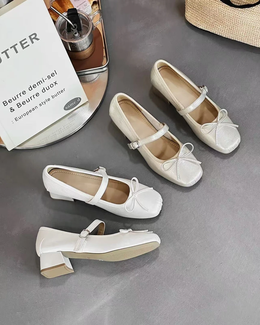 【鞋爱】137-2方头粗跟单鞋浅口百搭一字带仙女芭蕾风配裙玛丽珍鞋