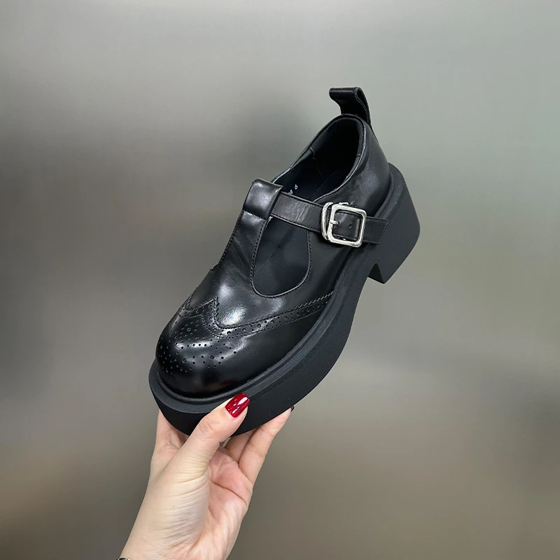 【左右华菲】5.5cm欧洲站布洛克时尚厚底玛丽珍2025夏季新款胎牛皮