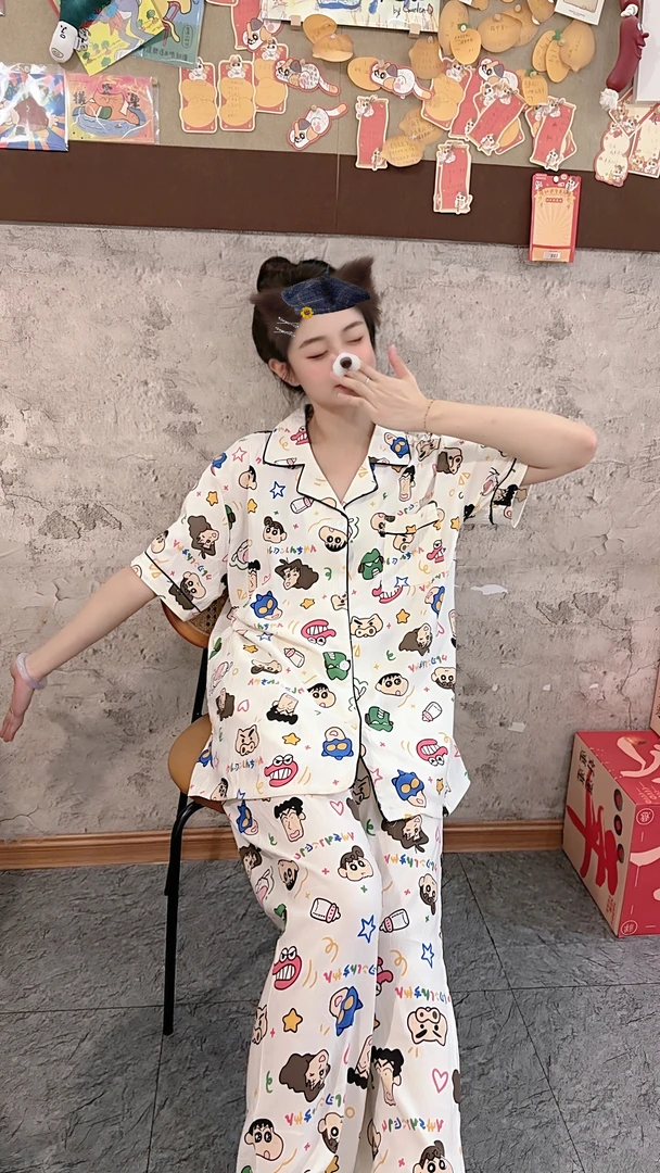 夏季情侣睡衣蜡笔小新三件套短袖短裤长裤卡通可爱可外穿家居服