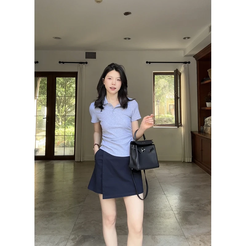 郭九九呢 棉质polo领绣花显瘦短袖T恤简约百搭裙裤 G925A09224