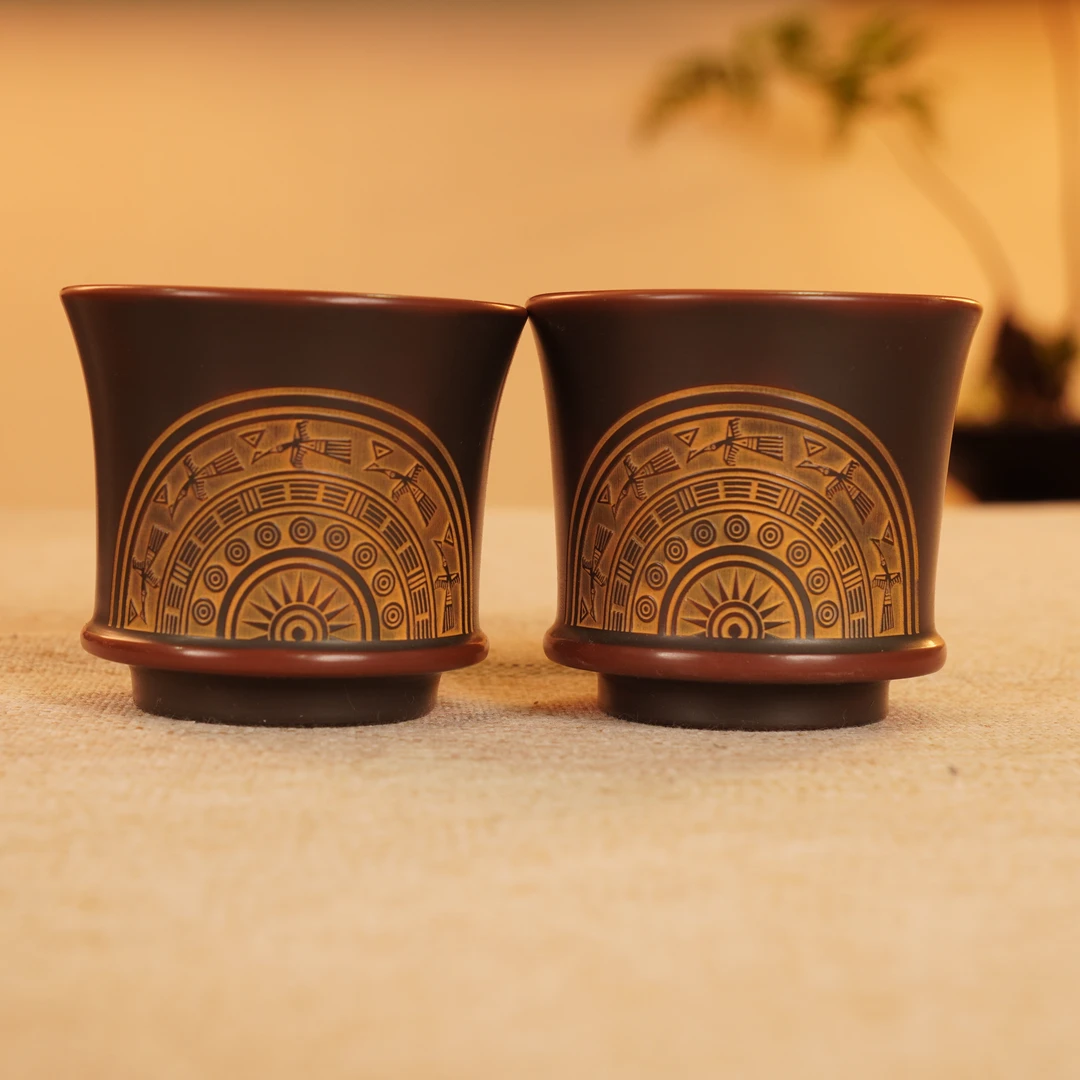 广西陶礼坭兴陶【曜日花山】主人杯两只装50ml