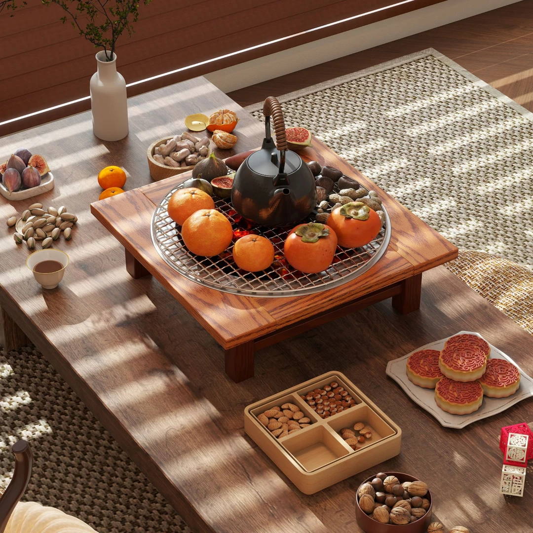 希静冬天围炉煮茶桌实木烤火盆取暖炉烧烤火锅桌阳台煮茶桌小茶台