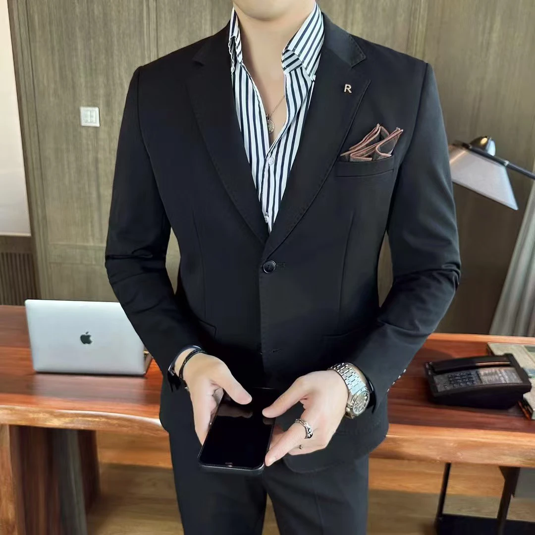 黑色西装时尚修身单扣西装正装商务西服套装男休闲/婚礼/职业