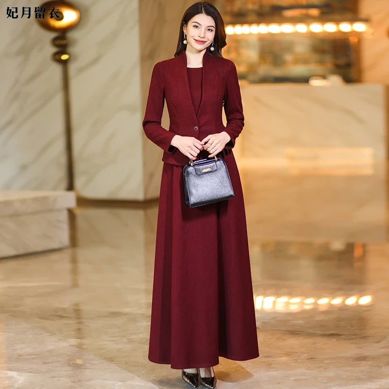 酒红色假两件连衣裙女冬高级感气质显瘦裙子收腰显瘦毛呢长裙
