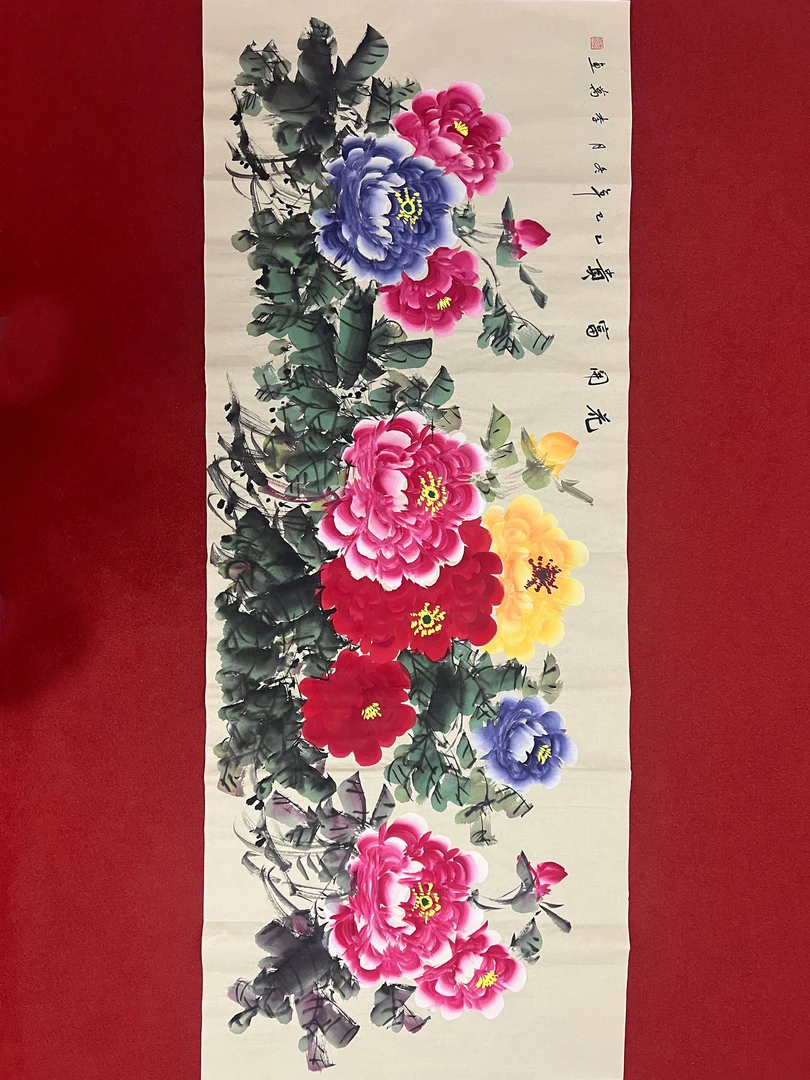 603六尺65x180cm花开富贵吉祥牡丹黄色书房客厅办公室手工装饰画